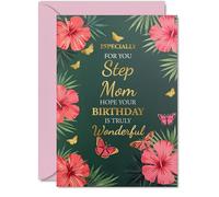 Gold Step Mom Birthday Card, Butterflies & Flowers