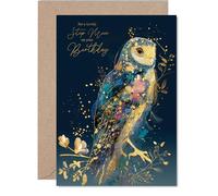 Gold Step Mum Birthday Card - Luxury Wisdom Owl - Happy Birthday Card for Step Mum from Son Daughter, A5 Golden Fantasy Nature Chic Bday Greeting Cards