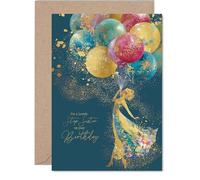 Gold Step Sister Birthday Card - Elegant Silhouette Balloons - Happy Birthday Card for Step Sister from Brother Sibling, A5 Golden Luxury Floral Dress Bday Greeting Cards