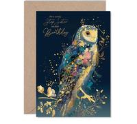 Gold Step Sister Birthday Card - Luxury Wisdom Owl - Happy Birthday Card for Step Sister from Brother Sibling, 5x7 Inch Golden Fantasy Nature Chic Bday Greeting Cards