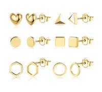 Gold Stud Earrings Set - Hypoallergenic 6 Pairs, Small Heart, Triangle, Square, Hollow, Statement, Dot Stud Earrings for Multiple Piercing Women & Girls