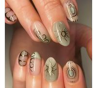 Gold Sun Design Press On Nails - Short French Tip False Nails with Metallic Accents, Reusable Acrylic Stick On Nail Kit, 24PCS Elegant Touch Nails for Daily or Party Look