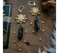 Gold Sun Goddess Clear Quartz Charm Earrings Stone Tassel Chain Hippie -Black