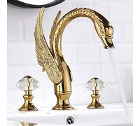 Gold Swan Shape Sink Mixer Tap - Wide Spread 3 Hole Bathroom Vanity Faucets With Double Crystal Handles