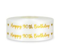 Gold Swirly Foil Print Happy 90th Birthday Ribbon Satin 2m x 25mm for Cakes, Bday Cakes Gift Wrap Wrapping Ribbon Cards Decorations Craft
