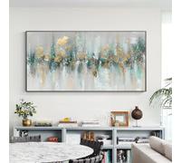 Gold Teal Green Textured Horizontal Print On Canvas Frame, Abstract Painting On Canvas Picture Large Size Gold Wall Art Modern Decor 65x135cm Framework