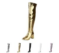 Gold Thigh High Boots for Women Patent Leather PU Chunky Heel Over The Knee Boots Square Toe Half Side Zipper Heeled Metallic Gogo Long Tall Boot Footwear Trendy UK 7 Clearance