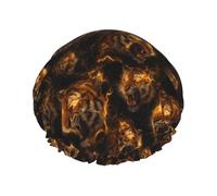 Gold Tiger Dark Print Shower Caps for Women, Reusable Double Layers Elastic Band Long Hair Bath Caps for Shower
