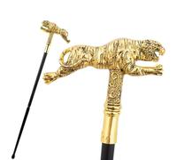 Gold Tiger Handle Walking Cane, Decorative Ornate Stick, Black Shaft, Luxury Style