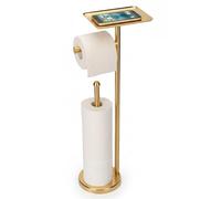 Gold Toilet Paper Holder with Shelf, Freestanding Tissue Holder Stand with Storage Space for Extra 4 Toilet Paper Rolls (Stainless Steel Base, Gold)