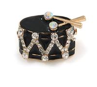 Gold Tone Black Enamel Crystal Drum Musical Instrument Brooch - 25mm Across