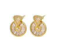 Gold-Tone Circular Stud Earrings Sunburst Design with Sparkling Baguette Round Cubic Zirconia Gold Plated Metal Shiny Geometric Earrings for Women