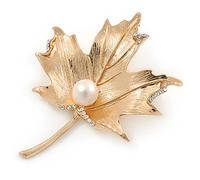 Gold Tone, Clear Crystal Maple Leaf Brooch with Etched Detailing - 55mm L