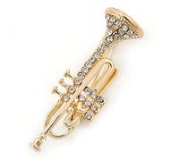 Gold Tone Clear Crystal Musical Instrument Trumpet Brooch - 48mm L