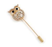 Gold Tone Clear Crystal Owl Lapel, Hat, Suit, Tuxedo, Collar, Scarf, Coat Stick Brooch Pin - 65mm L