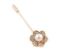 Gold Tone Clear Crystal White Pearl Flower Lapel, Hat, Suit, Tuxedo, Collar, Scarf, Coat Stick Brooch Pin - 55mm L
