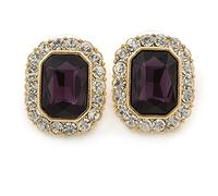 Gold Tone Clear, Deep Purple Crystal Square Stud Earrings - 23mm L