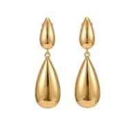 Gold Tone Double Teardrop Clip On Earrings for Women - Chunky Statement Dangles. Lightweight Non Pierced Jewelry, Vintage Daily Accessories.
