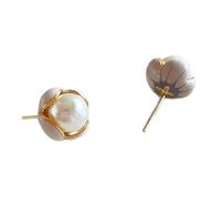 Gold-Tone Enamel Flower Bud Pearl Stud Earrings, Pastel Petal Wrapped Round Pearl Earrings, Minimalist Floral Jewelry for Office Dating Daily Wear
