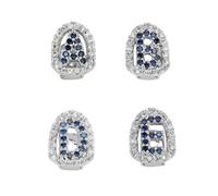 Gold Tone Initial Single Tooth Hip Hop Grillz - Red & Clear CZ Paved Openwork Letter Design, Bold Dental Bling Perfect(Silver with blue diamonds,R)