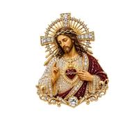 Gold-Tone Lapel Brooch Pin with Religious Artwork, Radiant Frame and Clear Stone Accents for Coats and Outerwear Religious Lapel Pin Coat Brooch Gold Tone Stone Accent Outerwear Accessory Coat Front