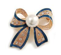 Gold Tone, Navy Blue Enamel, Crystal, Pearl Bow Brooch - 40mm L