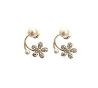 Gold Tone Pearl and Crystal Flower Ear Cuff Set with Stud Earrings for Women
