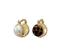 Gold Tone Pearl and Leopard Print Stud Earrings with Rotating Design for Everyday Wear
