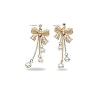 Gold Tone Pearl Bow Flat Back Earrings with Chain Drops, Hypoallergenic 925 Sterling Silver Studs, Gift Box Included - Ideal for Birthday or Gifts