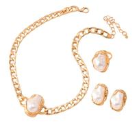 Gold Tone Pearl Necklace Set For Women, Cuban Chain, Baroque Style, Adjustable Length