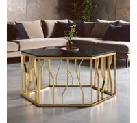 Gold Tone Stainless Steel Hexagonal Coffee Table with Black Glass Top, Alvaro