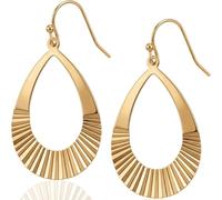 Gold Tone Teardrop Dangle Earrings, Open Pear Shape with Ridged Detail, French Hook, 1.5 Inches Long