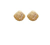 Gold-Tone Textured Scallop Shell Stud Earrings Sparkling CZ Accent Beach-Themed Shimmering Jewelry Retro Sea-Inspired Statement for Women