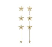 Gold-Tone Triple Flower Drop Earrings, Long Dangle Chain Earrings with Ball Detail, Floral Stud Post Back for Women