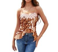Gold Top for Women Party Strappy Shimmer Camisole with Festival Glitter Vintage Sleeveless Tank Shirt Casual Holiday Night Out Sparkly Sequin Tops Champagne L