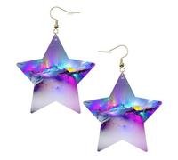 Gold Trendy Leather Star Earrings for Women – Northern Lights Painting Print Dangle Jewelry, Lightweight Fashionable Hoop Pendants
