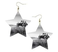Gold Trendy Leather Star Earrings for Women â€“ Tractor Agriculture Tranquil Print Dangle Jewelry, Lightweight Fashionable Hoop Pendants