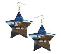 Gold Trendy Leather Star Earrings for Women - Airplane in The Evening Light Print Dangle Jewelry, Fashionable Pendants, Party Favors