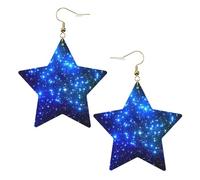 Gold Trendy Leather Star Earrings for Women - Blue Shining Stars Print Dangle Jewelry, Lightweight Fashion Accessory