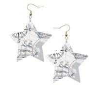 Gold Trendy Leather Star Earrings for Women - boat Map Print Dangle Jewelry, Lightweight Fashionable Hoop Pendants