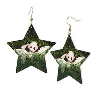Gold Trendy Leather Star Earrings for Women - Cute Little Panda Print Dangle Jewelry, Lightweight Fashion Accessory