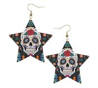 Gold Trendy Leather Star Earrings for Women - Day of The Dead Print Dangle Jewelry, Lightweight Fashionable Hoop Pendants