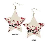 Gold Trendy Leather Star Earrings for Women - Japanese Floral Cherry Blossom Print Dangle Jewelry, Lightweight Fashion Accessory