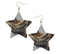 Gold Trendy Leather Star Earrings for Women - Lightweight Old Viking Boats Print Dangle Jewelry, Party Favors & Decorations