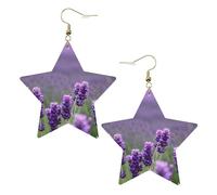 Gold Trendy Leather Star Earrings for Women - Lightweight Purple Lavender Colored Flowers Print Dangle Jewelry, Party Favors & Decorations