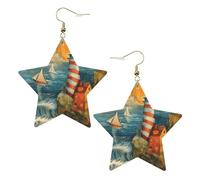 Gold Trendy Leather Star Earrings for Women - Lightweight The Seaside Lighthouse Print Dangle Jewelry, Party Favors & Decorations