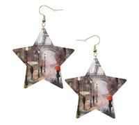 Gold Trendy Leather Star Earrings for Women - Rainy Street In Paris Print Dangle Jewelry, Lightweight Fashionable Hoop Pendants