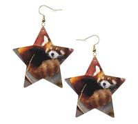 Gold Trendy Leather Star Earrings for Women - Red panda Print Dangle Jewelry, Lightweight Fashion Accessory