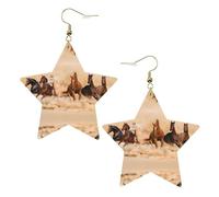 Gold Trendy Leather Star Earrings for Women - Running Horse in Desert Sand Storm Print Dangle Jewelry, Lightweight Fashionable Hoop Pendants