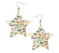 Gold Trendy Leather Star Earrings for Women - Stylish Learning Alphabets with Dinosaurs Print Dangle Jewelry, Lightweight Fashion Accessory